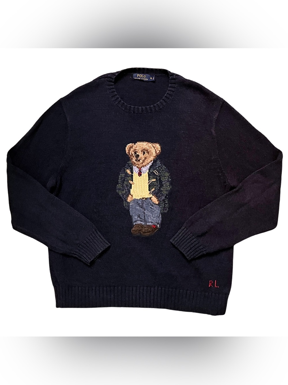 Polo Ralph Lauren Bear Sweater Mens XL Toggle Coat Preppy Navy Knit Cotton Linen